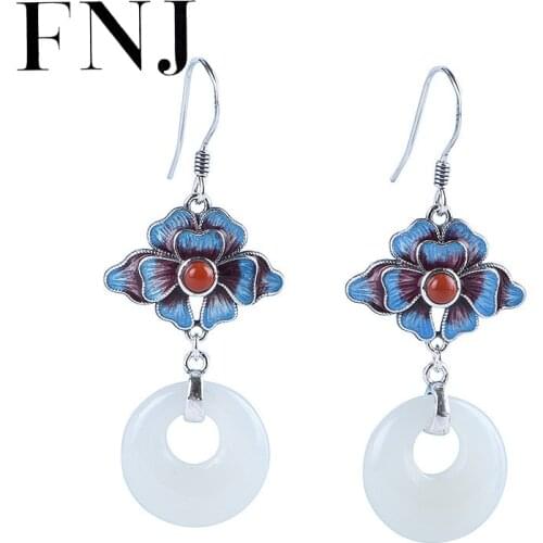 FNJ 925 Silver Earrings Original S925 Sterling Silver Drop Earring for Women Jewelry Natural Hetian Jade Red Agate Cloisonne