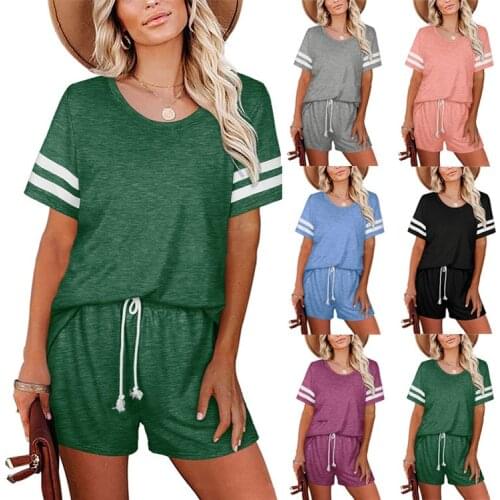 2021 new striped womens two-piece round neck short-sleeved striped T-shirt + shorts set on sale
