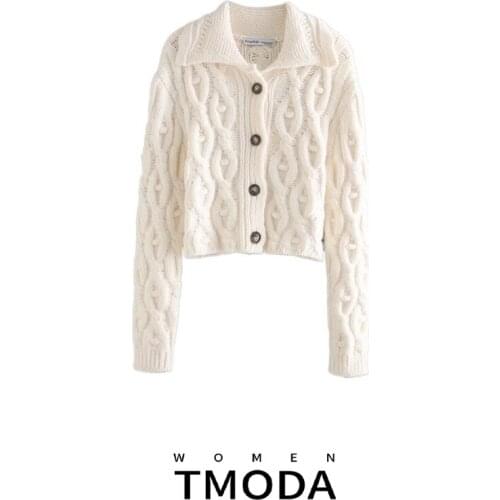 TMODA835 Za Women 2021 Fashion Pompoms Cropped Knitted Cardigan Sweater Vintage Long Sleeve Button-up Female Outerwear Chic Tos