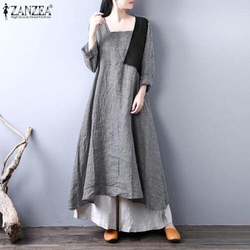ZANZEA Irregular Patchwork Robe Autumn Midi Dress Femme Casual Plaid Printed Vestidos Female Square Collar Dress Oversize