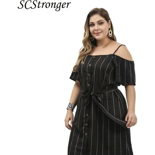 SCSTRONGER Spring And Summer Plus Size Womens Dress One Word Collar Striped Shoulderless Casual Long Skirt Vesidos Mujer Verano