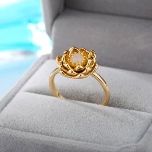 Stainless Steel Lotus Rings For Women Elegant Gold Hollow Flower Opal Finger Ring Vintage Wedding Aesthetic Jewelry Gift Bauge