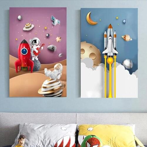 2PCS Dream Poster Wall Arts For Boys Girls Cute Bedroom Decor Canvas Painting Cartoon Rocket Astronaut Starry Unframed Pictures