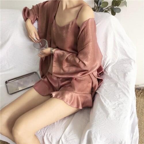 3pcs Spring Summer Women Pajamas Sets soild color Nightwear Viscose Robe Top and Shorts Female Sleepwear Night Suit