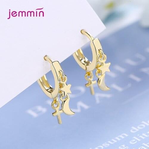 925 Sterling Silver Cute Moon Star Statement Earrings For Women Girls Gold Color 2020 Trend Fashion Jewelry Wholesale