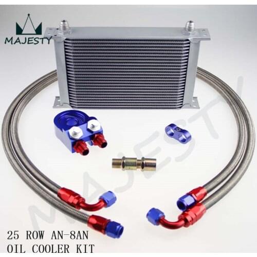 AN-8AN 25 ROW UNIVERSAL ENGINE TRANSMISSION OIL COOLER +FILTER ADAPTER AN8 KIT SILVER