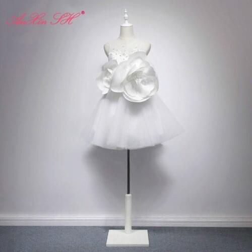 AXJFU Luxury princess big white rose short wedding dress o neck beading crystal big flower white zipper wedding dress size 14