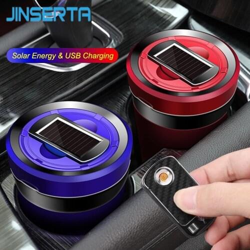 JINSERTA Rechargeable Solar Energy Car LED Ashtray Car Trash Can Removable Cigarette Lighter LED Light for Car Cup Holder