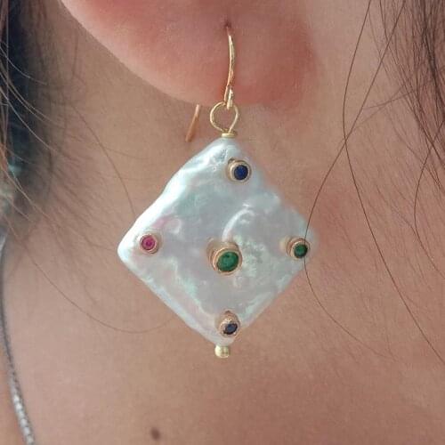 YYGEM big 14MM Natural Cultured White Square Keshi Pearl Cubic Zirconia Rhinestone geometric Pave Hook Earrings for women