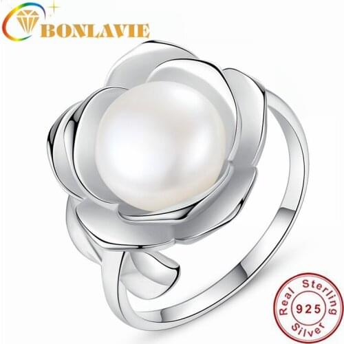 BONLAVIE 925 Sterling Silver Open Rings Fashion Flower Natural Freshwater Pearl Resizable Women Rings Elegant