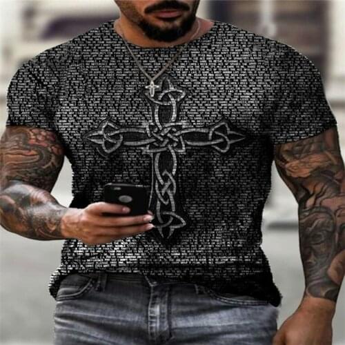 Mens short-sleeved loose T-shirt casual retro cross letter printed T-shirt summer streetwear polyester mesh fabric