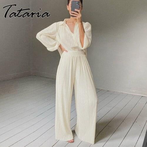 High Street 2021 Autumn Womens Trouser Suits Sagging Folds Blouses Female 2 Piece Set Notched Ladies Shirt Wide Leg Pants Sets
