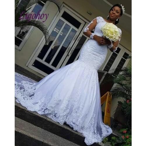 Long Sleeve Lace Wedding Dresses Plus Size Mermaid Sexy White Ivory African Women Girl Weeding Bridal Bride Gown