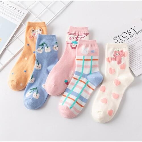 Spring and Summer Cute Womens Socks Red Strawberry Korean Cartoon White Bear Socks Kawaii ladies Harajuku strawberry cow Socks