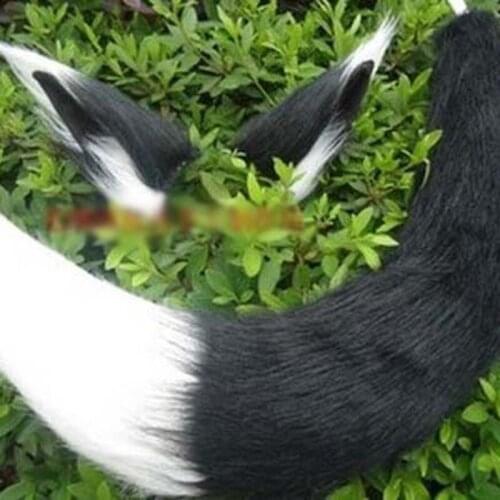 Halloween New Long Soft Plush Fur Fox Tail Black White Hair Clip Ear Set For Cosplay Party Cosplay Adult Kids