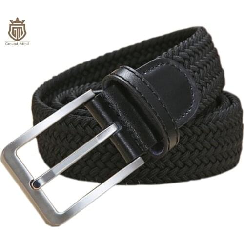 New elastic braided mens belts high quality woven belt brushed metal pin buckle stretch belt for jeans Brown Beige Blue Black