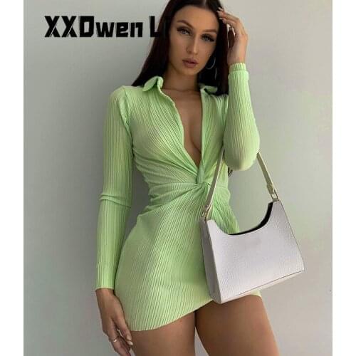 Autumn Sexy Dreep V Neck Long Sleeve Mini Dresses For Women 2021 Spring Party Dress Bodycon Wrap Ladies Pleated Short Dresses