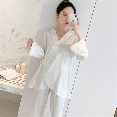 Womens pajamas Japanese kimono set long sleeves + trousers silky night gown sexy lace elegant home wear pijama mujer hot sale