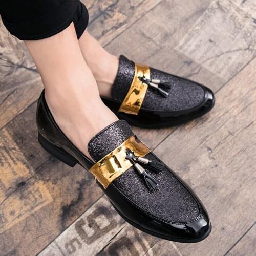 Coslony Leather Casuals Shoes Men Party shoes Black Golden Formal Tassel Wedding Men Loafers Moccasins Dress Shoes big sise 47