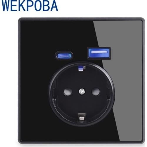 WEKPOBA Type-C Interface Outlet Full Mirror Crystal Panel Black Wall EU Russia Spain French Standard Socket With USB Charge Port