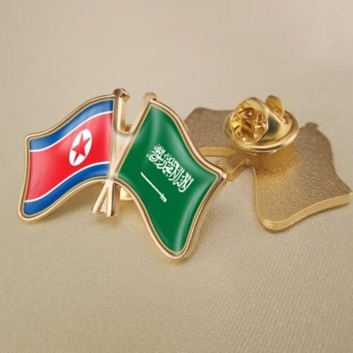 North Korea and Saudi Arabia Crossed Double Friendship Flags Lapel Pins Brooch Badges