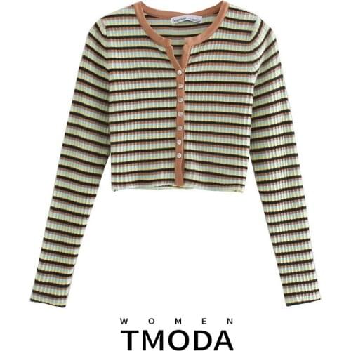 TMODA1847 Za Women 2021 Fashion Color Contrast Stripe Knitting Cardigan Sweater Vintage Long Sleeve Female Outerwear Chic Tops