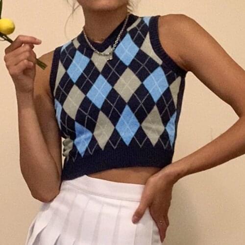 Y2K Argyle Sweater Autumn Winter Womens Sweater Knitting Vest Crop Top Fashion Plaid Pullover Sleeveless Sweater 2021