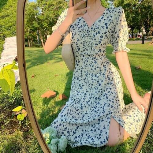 Puff Sleeve Vintage Dress Floral Print V Neck Slim Summer Dresses for Women Short Sleeve Split Elegant Maxi Dress French Style