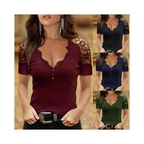 Sexy Womans Summer Solid Color T-Shirts Sexy Deep V Lace Neck Lace Short Sleeve Slim Top Short Sleeve Buttons Pullovers Top