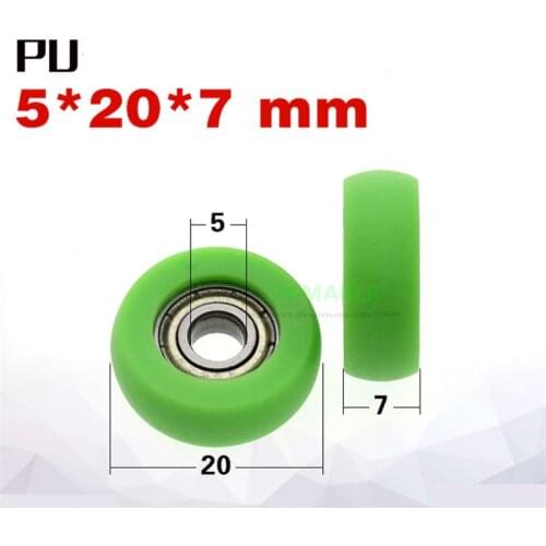 10pcs 5*20*7mm PU rubber wheel, spherical guide wheel, silent roller, 695zz bearing, green color , door and window wheel