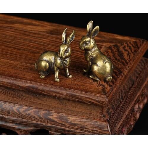 2pcs/set Copper Zodiac Lucky Rabbit Statue Desk Ornaments Vintage Solid Brass Animal Miniature Figurine Tea Pet Home Decoration
