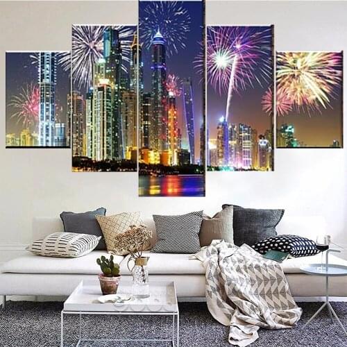5 Pieces Wall Art Canvas Painting City Landscape Poster Fireworks Modern Home Living Room Bedroom Framework Decoration