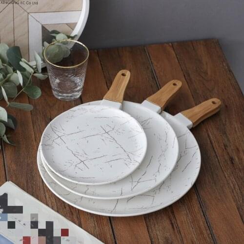 White Gold Pattern Ceramic Plate Dinner Plate Bamboo Wood Handle Pizza Plate Afternoon Tea Snack Tray Kitchen Tableware Supplies