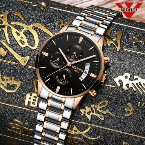 NIBOSI Fashion Mens Watches Top Brand Luxury Watches Rose Gold Waterproof Relogio Masculino Stainless Steel Quartz Wristwatch
