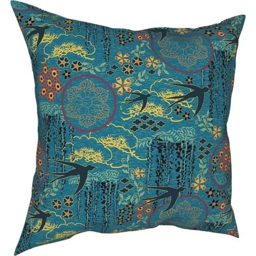 Japanese Garden In Teal Pillow Case Home Decor Japan Floral Cushion Cover Throw Pillow for Sofa Double-sided Printing Printed