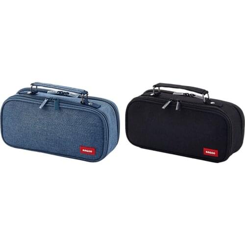 ANGOO 2Pcs Pencil Case Canvas Double Layer Large Capacity Kawaii School Supplies Makeup Bag Pen Box - Black & Blue
