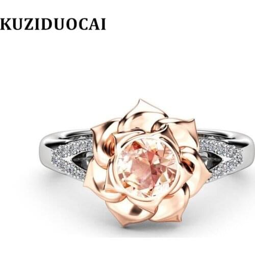 Kuziduocai New Fashion Jewelry Mosaic Dazzling Zircon Rose Flower Stainless Steel Wedding Bride Rings For Women Anillos R-961