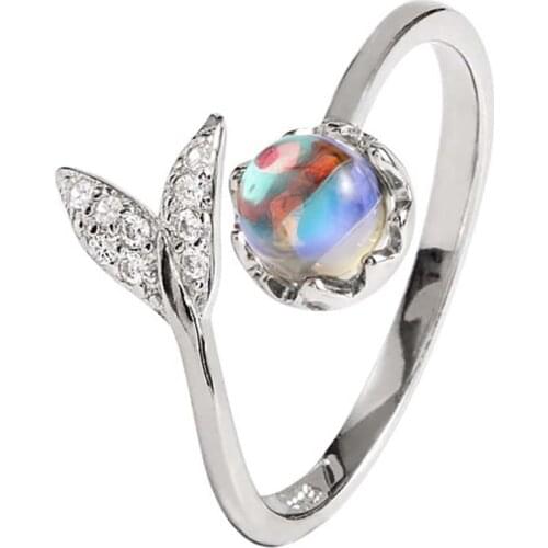 Liuli Mermaid Glass Crystal Open Ring Alloy Adjustable Rings for Women Bridesmaid engagement Gemstones Ring Finger Jewelry