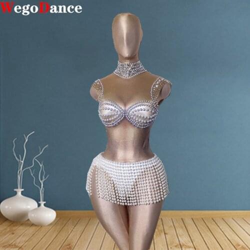 Fashion Rhinestones Pearls Bodysuit Sexy Stretch Dance Leotard Costume Performance Party Celebrate Stage Show Stones Wear