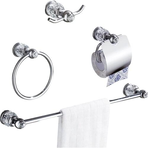 Leyden Chrome Brass and Crystal 4pcs Bathroom Accessories Set Wall Mounted Single Towel Bar Holder Toilet Paper Holder Robe Hook