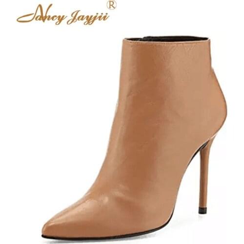 Brown Women Pointed Toe Thin Round Heel Ankle Boots Zipper Side Dress Bootie Shoes Autumn 2021 Female Plus Size 38 39