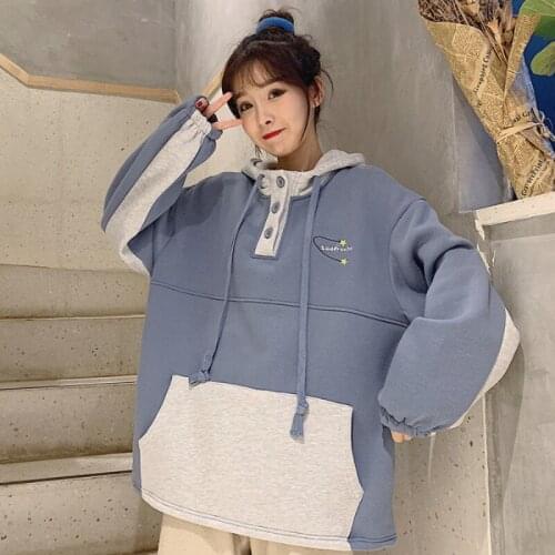 Autumn And Winter Thick Hooded Sweatshirt Female Loose Stitching Long Sleeve Simple Sweatshirt Casual Wn