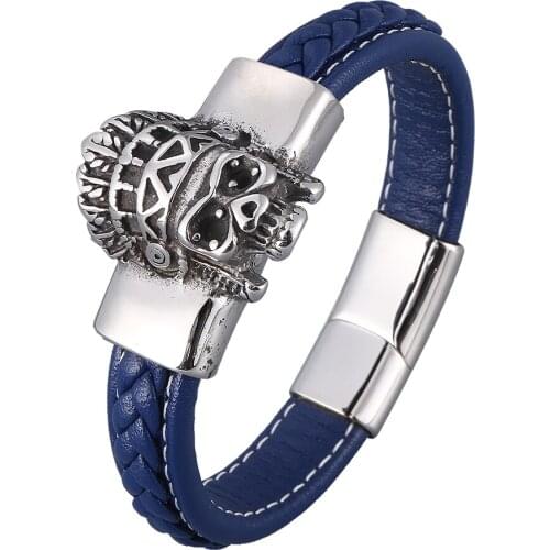 Punk Blue Men Leather Bracelet Tribe Cowboy King Skull Bracelets Bangles Gothic Style Charm Jewelry BB0926