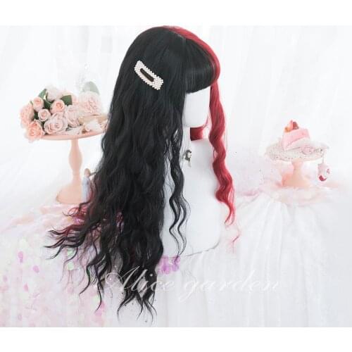 Long Half Black And Half Red Wigs Harajuku Cosplay Lolita Wig Heat Resistant Synthetic Hair Halloween+Wig Cap