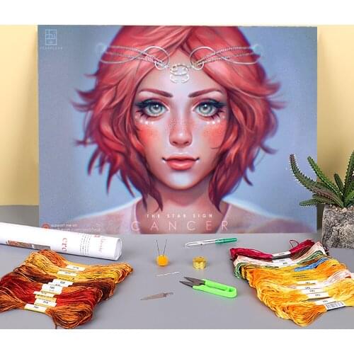 Cartoon Girl Woman Printed Water-Soluble Canvas 11CT Cross-Stitch Complete Kit Embroidery DMC Threads Knitting Decor