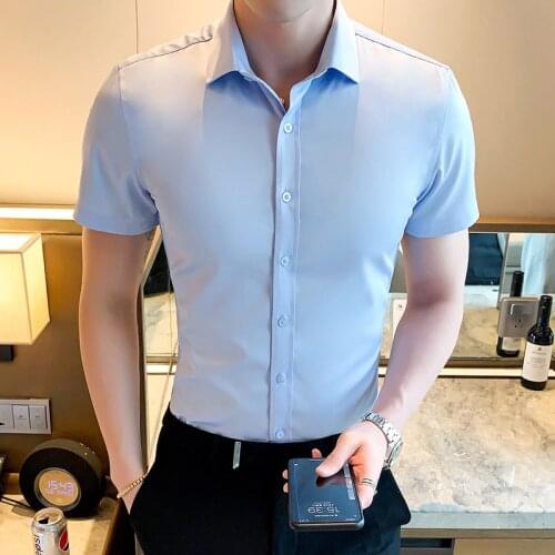 Plus Size 5XL-M Summer Short Sleeve Men Dress Shirts Simple Korean Slim Fit Business Casual Formal Wear Chemise Homme 5Colors