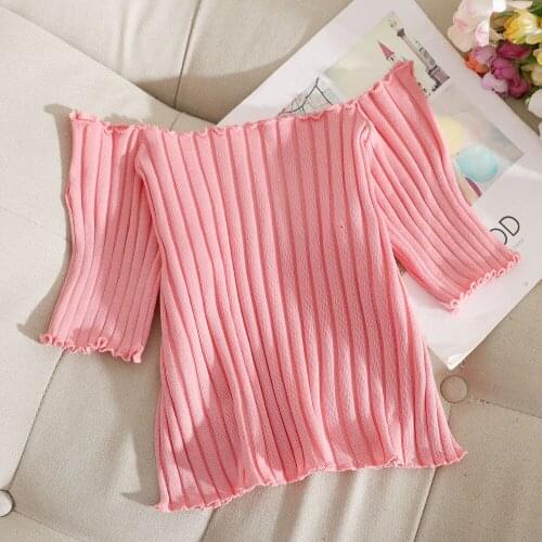 Heliar 2021 y2k Tops Flunce Hem Women Off Shoulder Knitted Top Short Sleeve Ribbed Crop Top Going Out Sexy Slim Casual Crop Top