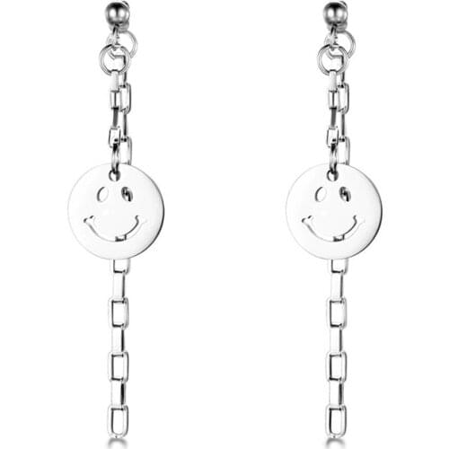 Vintage Geometric Silver Color Titanium Steel Metal Smile Face Earrings Set For Women Punk Long Drop Earrings 2021 Trend Earring