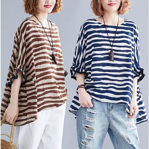 Vintage Cotton ruffled T-shirt Summer women Clothing 2020 new Literary Large Size Loose Casual Striped t Shirts Top B368