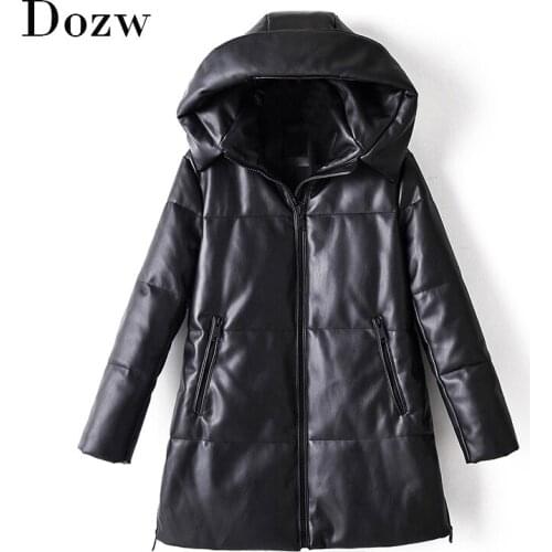 2020 Winter Casual Faux Leather Black Coat Women Long Sleeve Thick Warm Jacket Lady Pu Leather Midi Long Hooded Tops